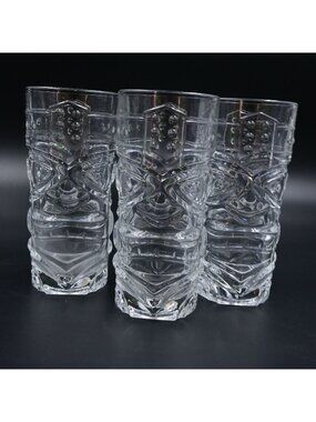 Forum Tiki Face Tumbler Glasses Set of 3 Clear Hawaiian Totem Barware Highball